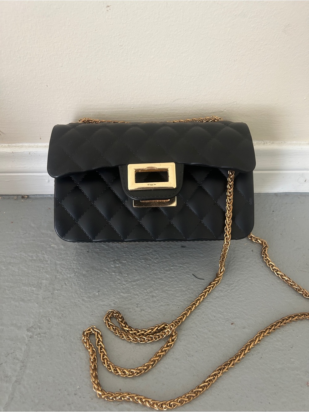 Black Quilted Crossbody Bag with Gold Chain and Turn-Lock